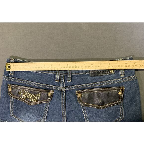 COOGI Frayed Fringe Embroidered Cut-off Jeans Leather Patchwork Y2K Grunge - Picture 14 of 15